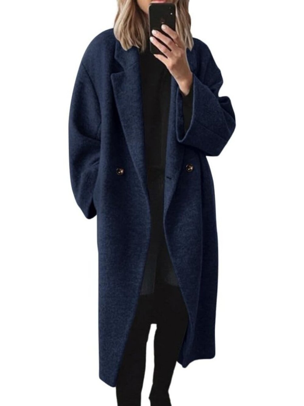 Womens Navy Blue Wool Double Breasted Oversized Long Notch Lapel Trench Pea Coat